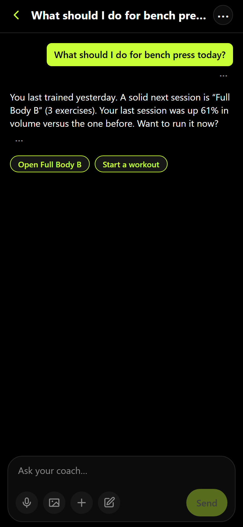 A Coach conversation in Resistance: asked what to do for bench press today, Coach answers with the athlete's last session, the next workout in the routine, and how volume compared with the week before