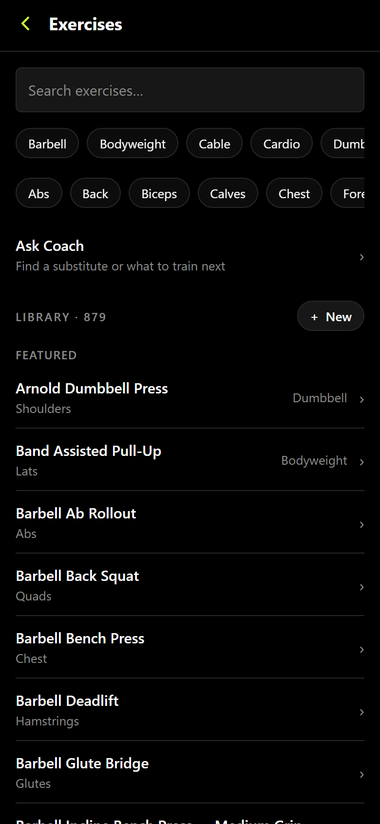 The Resistance exercise library: a search field, equipment and muscle-group filter chips, a count of 879 exercises, and rows showing each exercise's primary muscle and equipment