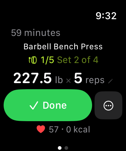 The Resistance Apple Watch app mid-set: Barbell Bench Press, set 2 of 4, 227.5 lb by 5 reps, a Done button, and a heart rate of 57