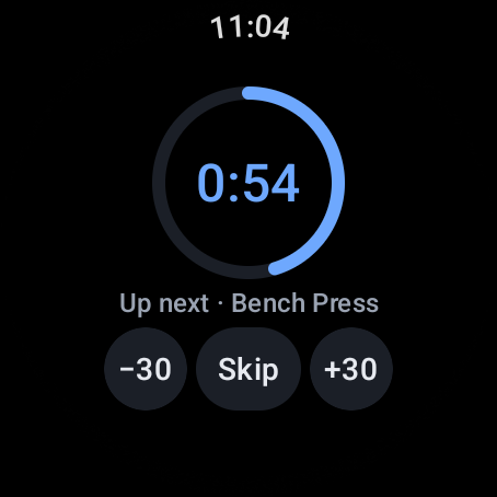 The Resistance Wear OS app resting: a countdown ring reading 0:54, Up next Bench Press, and minus thirty, Skip and plus thirty controls
